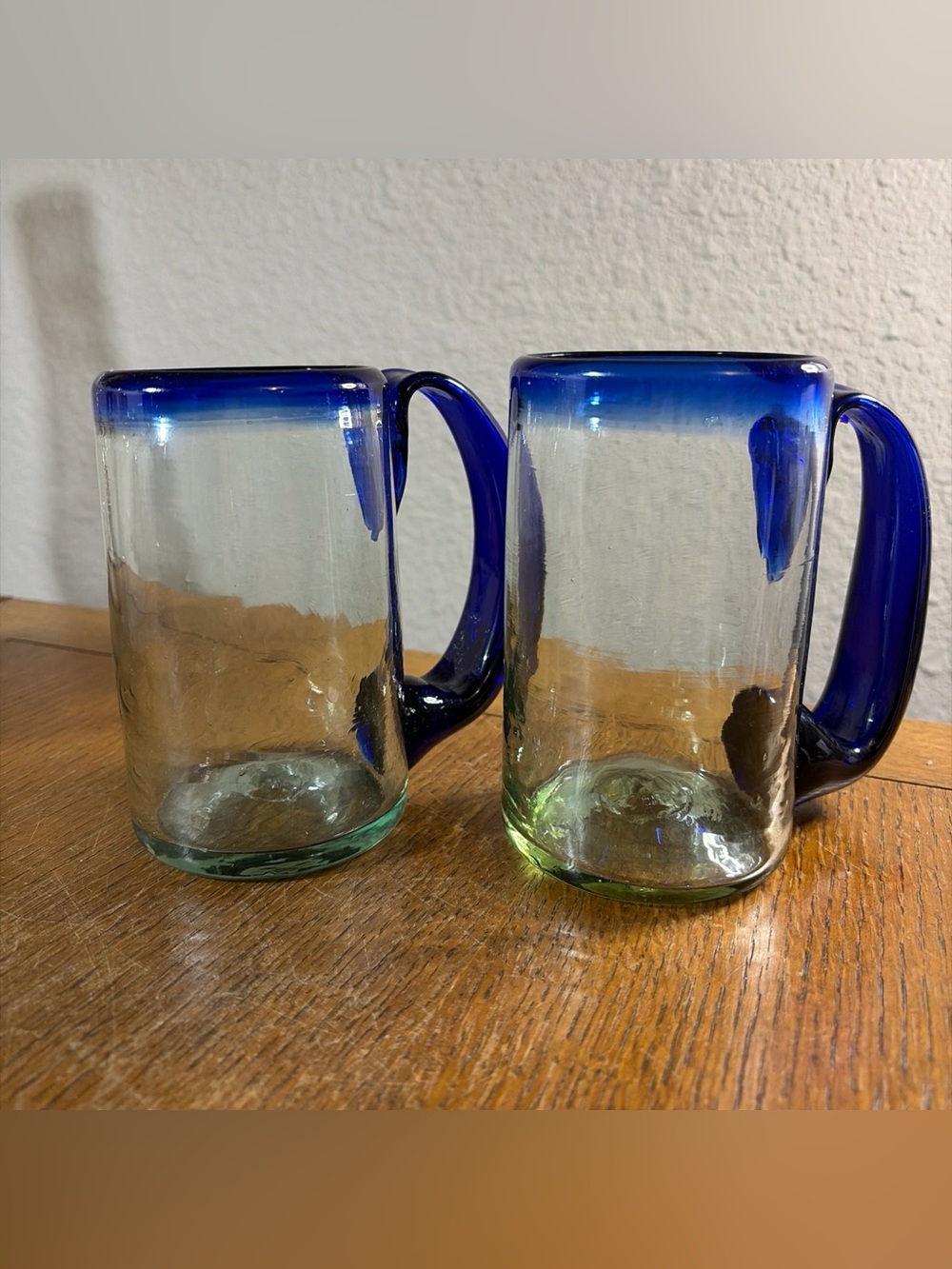 Pair Blown Pontil Glass Mugs Cobalt BlueGreen Applied Handle Bubble Glass
